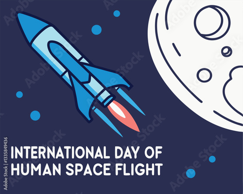 International Day of Human Space Flight Celebration with Cartoon Rocket and Celestial Elements