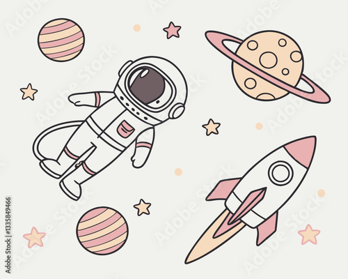 Cute Cartoon Astronaut in Space with Planets and Rocket