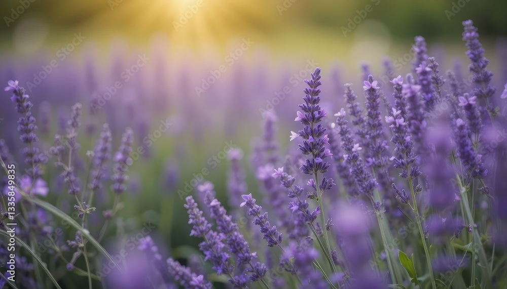 Naklejka premium Blur the natural flower backdrop and gently focus on the lovely purple lavender blossoming field. Field of lavender flowers, soft focus. lovely summertime backdrop of nature. Gorgeous lavender bloom i