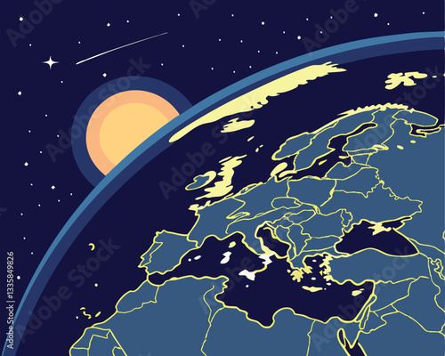 Europe at Night: Earth Globe with Shooting Star and City Lights