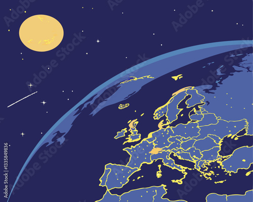 Europe at Night: Earth Globe with Shooting Star and City Lights