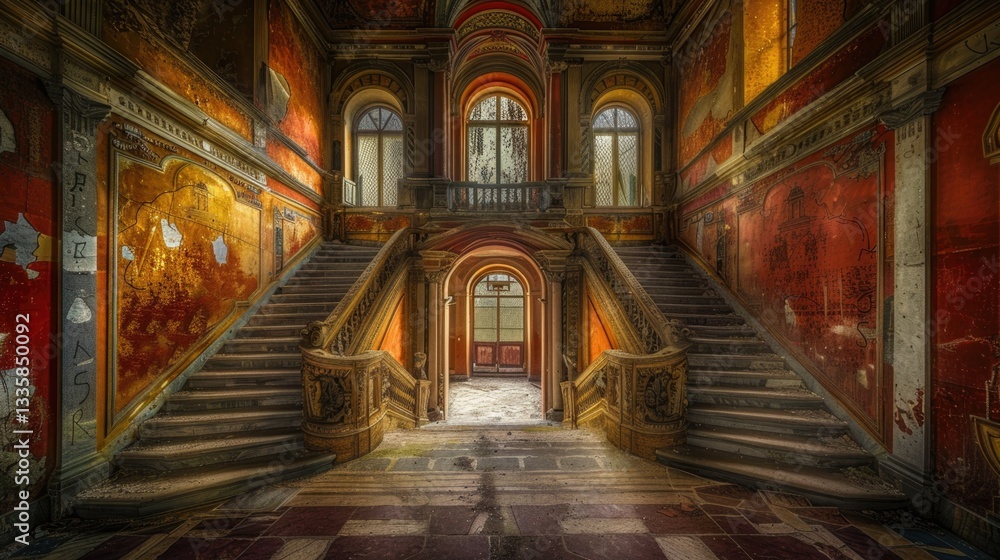 A grand abandoned staircase in a dilapidated and decaying interior A grand abandoned staircase in a dilapidated and decaying interior