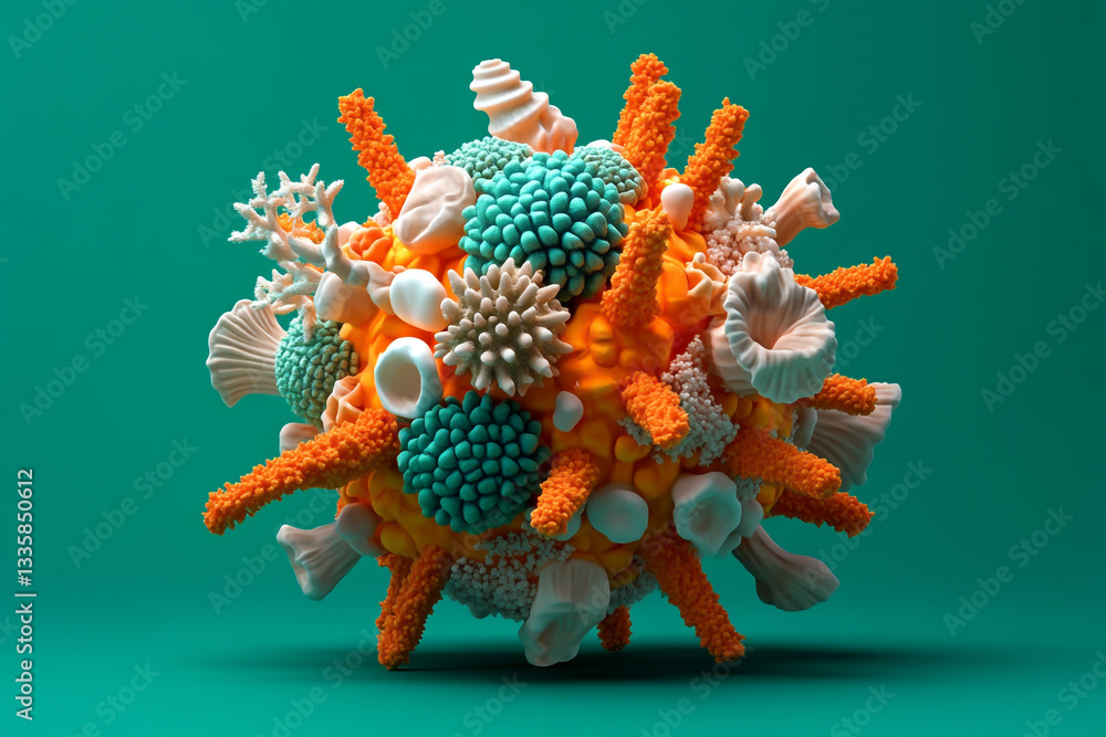 Fototapeta premium 3D render of the virus with corals, shells, and mushrooms on it