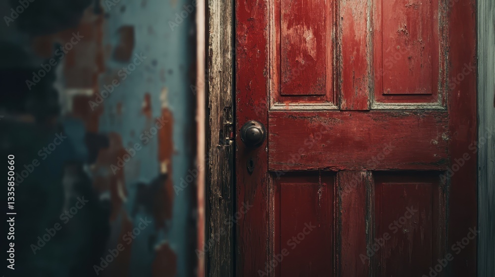 Old red door with peeling paint, worn frame. Perfect for themes of abandonment, mystery, or age. Old red door with peeling paint, worn frame. Perfect for themes of abandonment, mystery, or age.