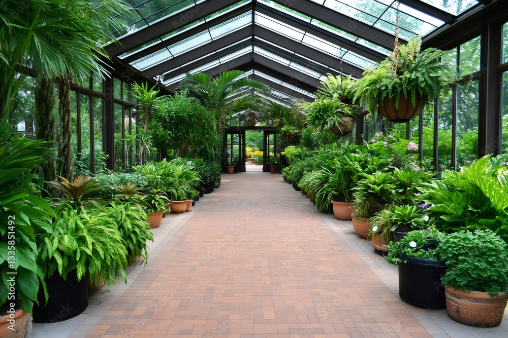 Lush greenery thriving in a peaceful orangery walkway Lush greenery thriving in a peaceful orangery walkway