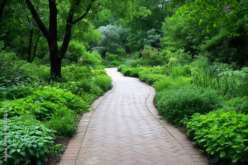 Naklejka premium Winding brick path crossing a lush green park in springtime