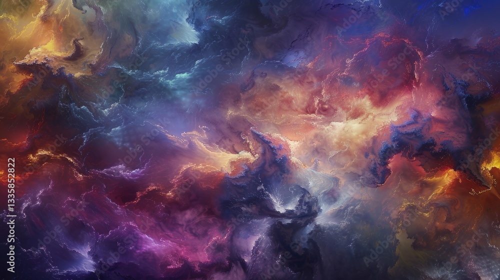 Abstract colorful depiction of swirling clouds and celestial bodies Abstract colorful depiction of swirling clouds and celestial bodies