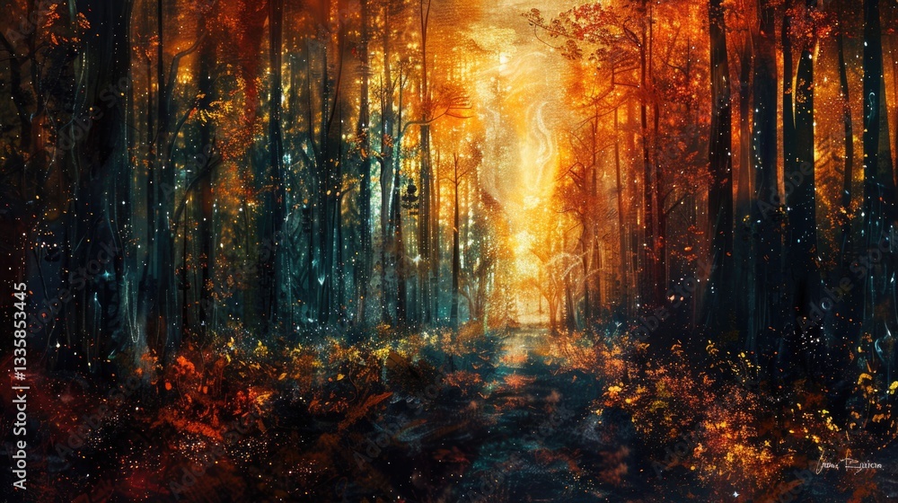 A mystical forest path glows with radiant and warm sunlight A mystical forest path glows with radiant and warm sunlight