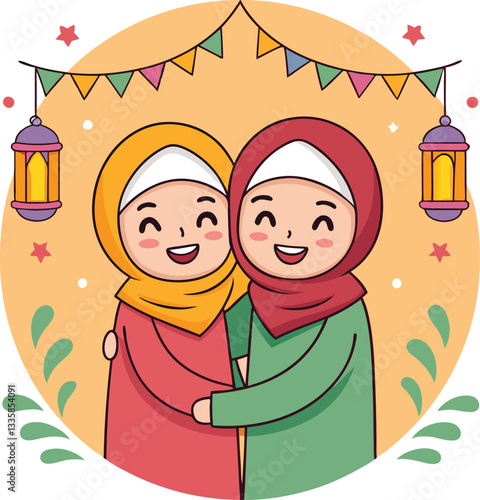 A heartwarming illustration of two young Muslim girls, wearing traditional hijab, embracing warmly.