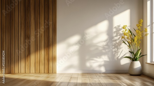 Minimalist room interior with wood wall and yellow flowers. Perfect for design blogs, home decor, and real estate websites.