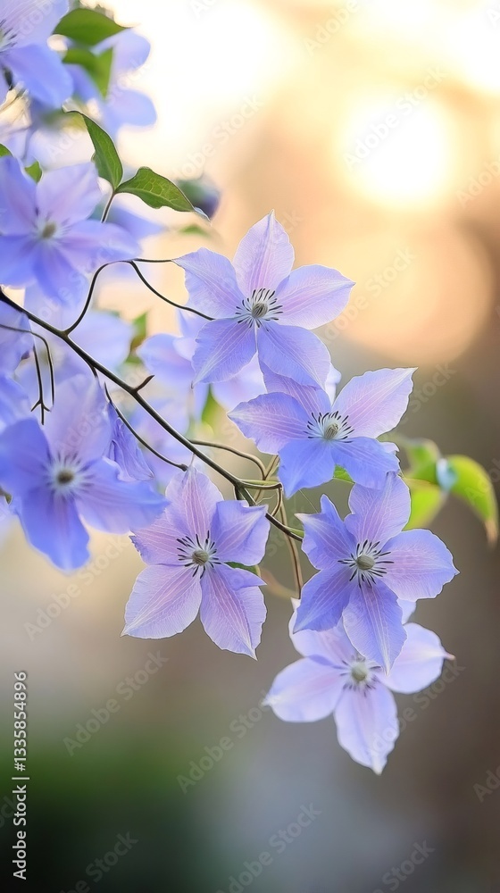 Fototapeta premium Purple clematis flowers blooming in spring garden with blurred background