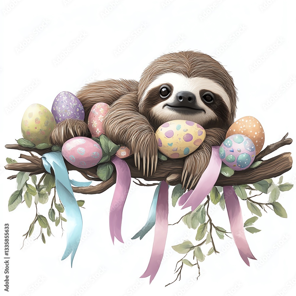 Fototapeta premium Cute sloth resting on a nest of colorful Easter eggs adorned with ribbons.