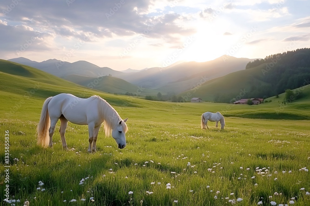 Fototapeta premium White horses grazing in a meadow at sunset in the mountains