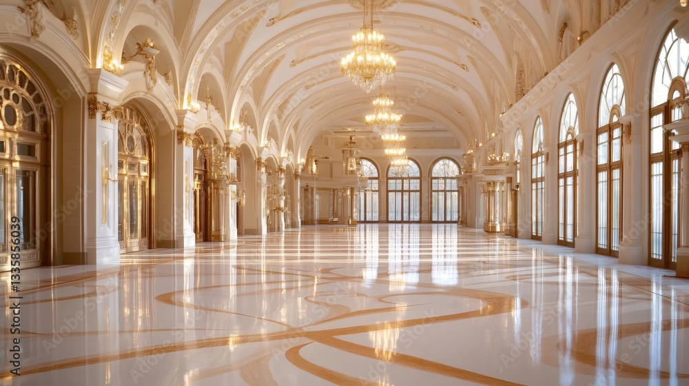 Fototapeta premium Empty ballroom with marble floor reflecting the light of crystal chandeliers in a palace