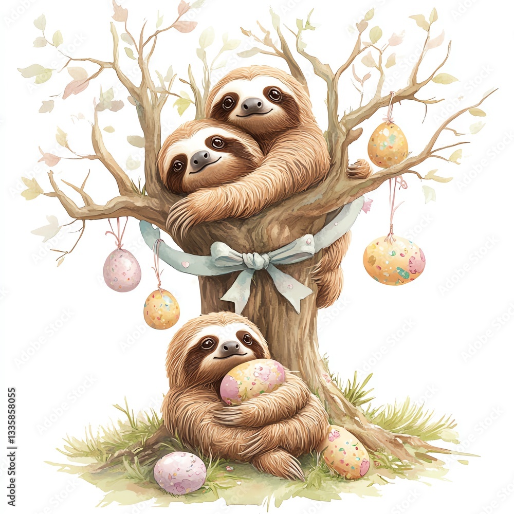 Fototapeta premium Three adorable sloths celebrating Easter in a tree with colorful eggs and a festive vibe.