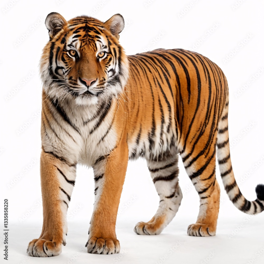 Fototapeta premium Majestic Tiger Portrait with Piercing Eyes, Striking Stripes, Detailed Features, White Fur, Intense Gaze, Regal Pose, High-Contrast Studio Lighting, Close-Up Wildlife Photography, Generative AI
