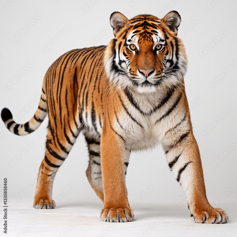 Fototapeta premium Majestic Tiger Portrait with Piercing Eyes, Striking Stripes, Detailed Features, White Fur, Intense Gaze, Regal Pose, High-Contrast Studio Lighting, Close-Up Wildlife Photography, Generative AI