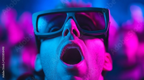 Wallpaper Mural Futuristic party-goer immersed in vibrant neon lights, young man with glasses engaged in electronic music scene, energetic vibe. Torontodigital.ca