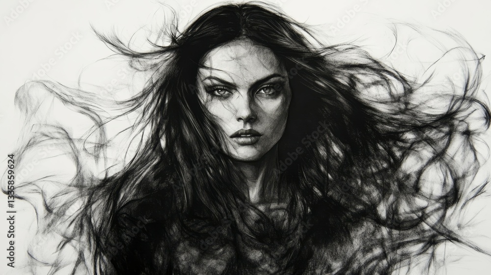 Captivating Portrait of a Woman with Flowing Hair and Expressive Features Captivating Portrait of a Woman with Flowing Hair and Expressive Features