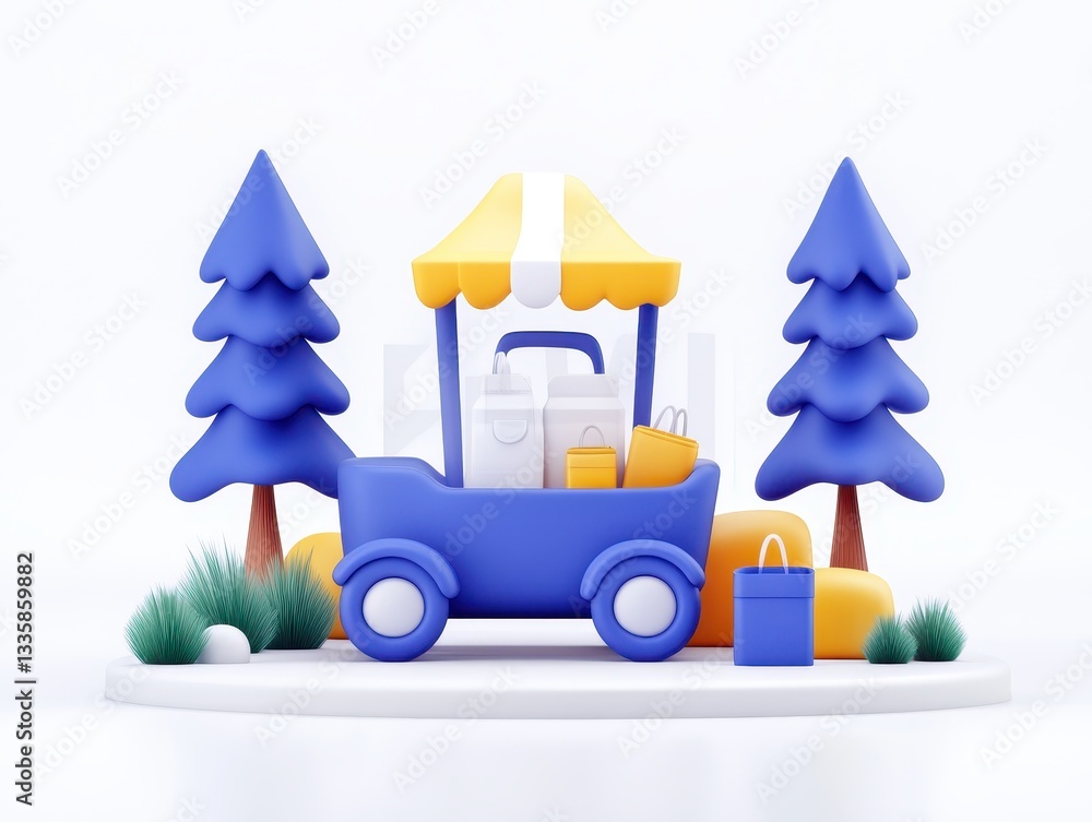 Obraz premium Colorful food cart surrounded by stylized trees and soft landscape elements