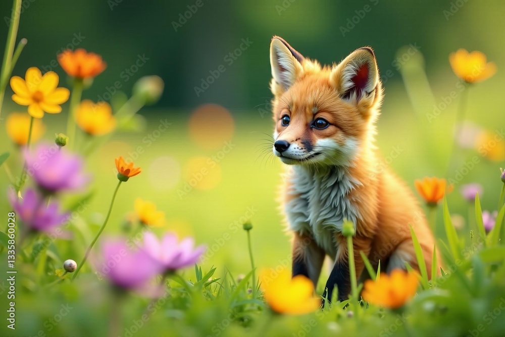 Obraz premium Adorable fox cub sitting among vibrant wildflowers in a meadow, cute, nature