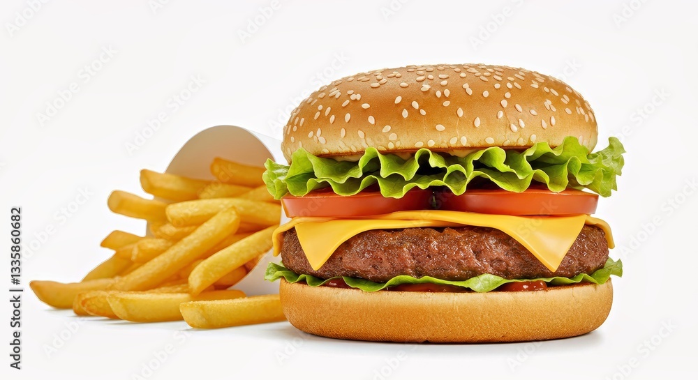 A Gourmet Beef Burger With Melted Cheddar, Crisp Lettuce, Ripe Tomato Slices, and Onion Rings on a Toasted Sesame Bun A Gourmet Beef Burger With Melted Cheddar, Crisp Lettuce, Ripe Tomato Slices, and Onion Rings on a Toasted Sesame Bun