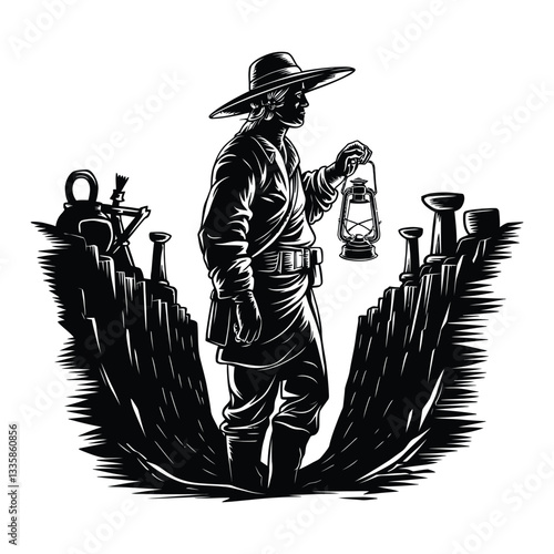 Archeologist Silhouette, Vector, Icon, Logo, White Background.