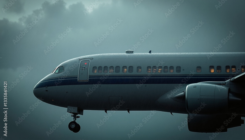 Fototapeta premium Airplane approaching landing in stormy weather with rain and dark clouds in the background view