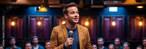 Comedy Club Scene with Stand-Up Performer in Grey Suit Under Stage Lights and Blue Backdrop
