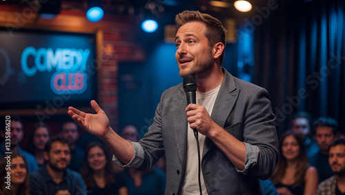Stand-Up Comedian Performing on Stage with Spotlight and Engaged Audience in Intimate Comedy Club
