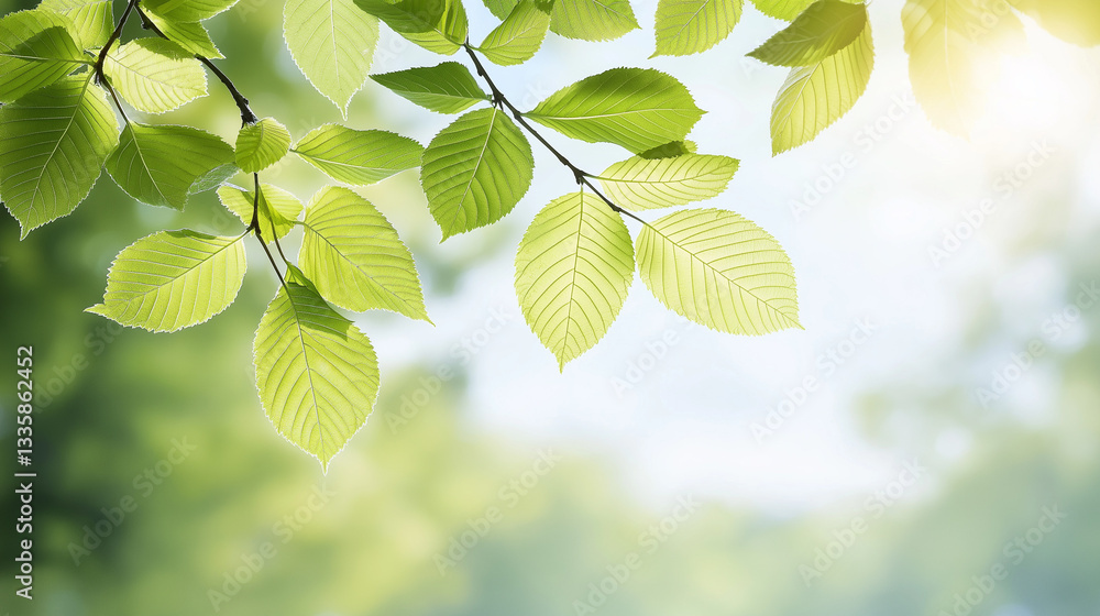 First green leaves on a tree branch, soft natural light and clear blue sky in the background, delicate fresh foliage emerging from the branch, plenty of space for text First green leaves on a tree branch, soft natural light and clear blue sky in the background, delicate fresh foliage emerging from the branch, plenty of space for text