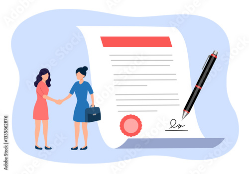 Employment contract agreement, corporate partnership document with signature, new employee signing contract, legal paperwork, recruitment document concept, businesswomen handshake with contract paper.