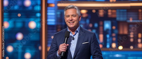 Engaging Television Presenter with a Charismatic Smile Hosting a Game Show Under Bright Lights
 photo