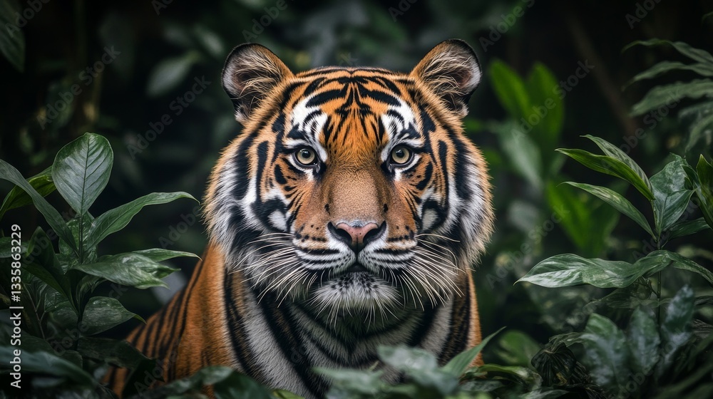 Fototapeta premium Majestic Tiger Staring Intently Through Lush Green Jungle Foliage in Wildlife