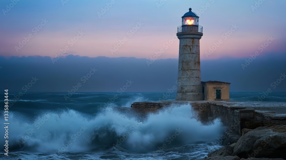 Majestic lighthouse standing tall against crashing waves at dusk with dramatic sky Majestic lighthouse standing tall against crashing waves at dusk with dramatic sky