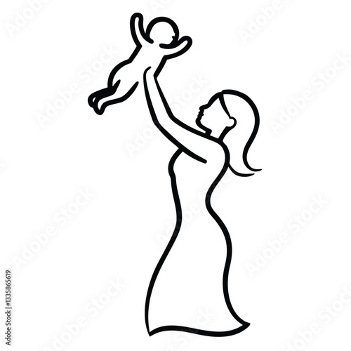 Graceful Line Art of a Mother Lifting Her Child with Joy 