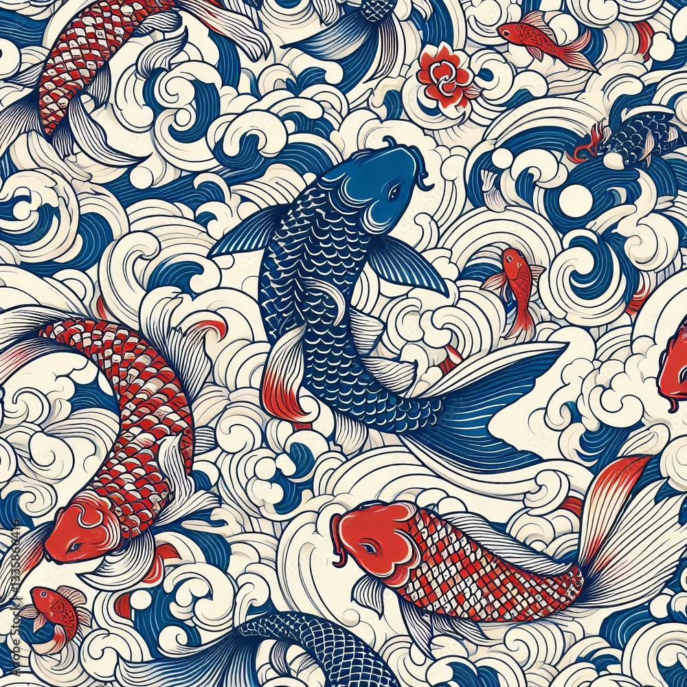 Naklejka premium Ukiyo-e Fish Decorative Pattern 