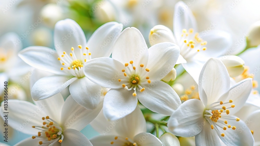 Fototapeta premium Close-Up of Delicate White Jasmine Blossoms, Fragrant Flowers, Botanical Detail