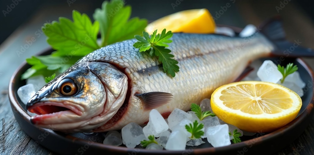 Fresh whole fish on ice with lemon slices and herbs, ready for grilling, herbs, preparation Fresh whole fish on ice with lemon slices and herbs, ready for grilling, herbs, preparation