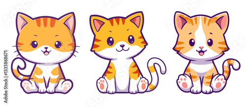 A cute chibi-style cartoon cat, sitting down with a happy smile,