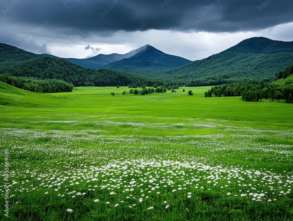 Obraz premium Lush green meadow with wildflowers under dramatic stormy skies in mountains
