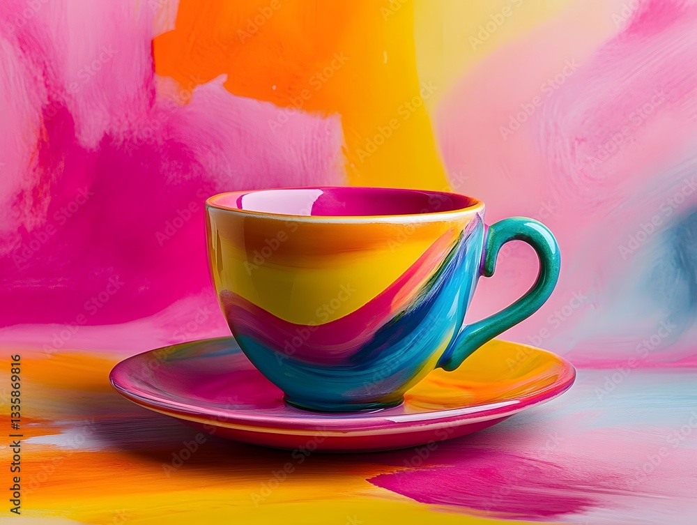 Fototapeta premium Colorful Tea Cup and Saucer on Abstract Painted Background Still Life