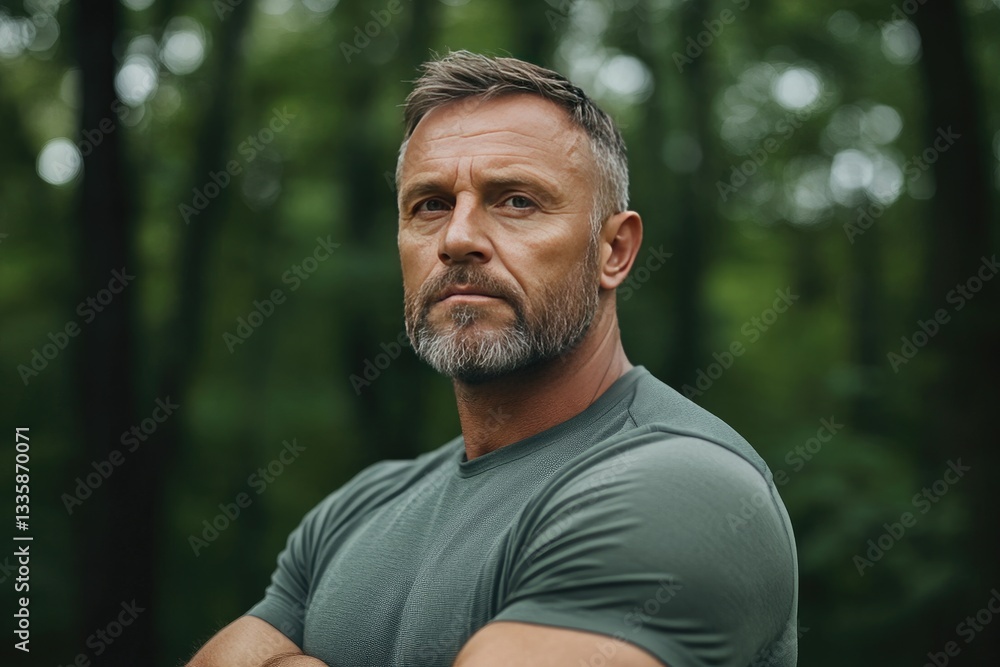 Confident Mature Man Standing in Forest with Determined Expression Confident Mature Man Standing in Forest with Determined Expression