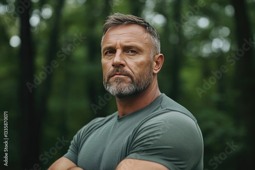 Confident Mature Man Standing in Forest with Determined Expression