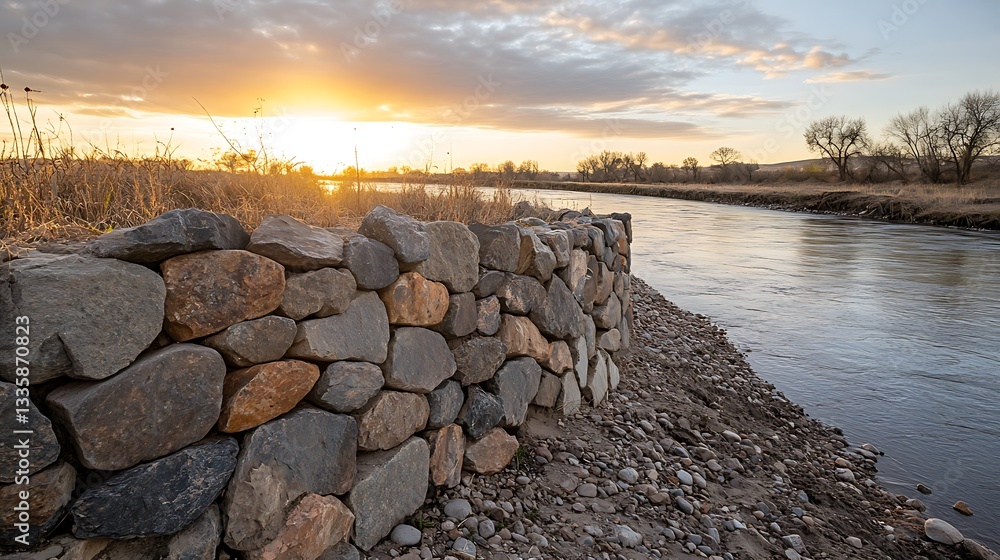Fototapeta premium River Bank Protection with Rocks in Colorado during Sunset Creating Natural Resilience and Beauty
