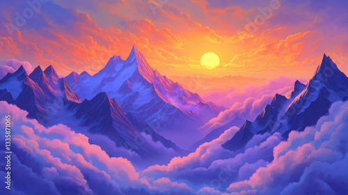 Surreal image of the Swiss Alps, shining mountain peaks illuminated by an unearthly sunset, shades of orange, pink and purple