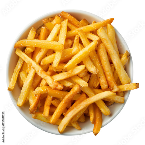 An overhead shot features a white bowl overflowing with perfectly fried and salted french fries.