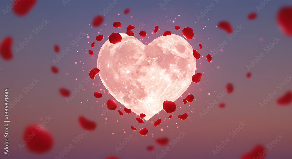 Heart shaped moon surrounded by red rose petals floating in the air gently Heart shaped moon surrounded by red rose petals floating in the air gently