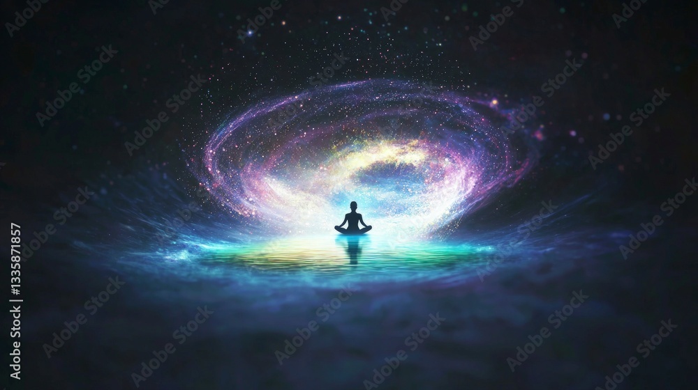 Naklejka premium Serene Meditation Cosmic Galaxy Tranquil Mind Yoga Mindfulness Spiritual