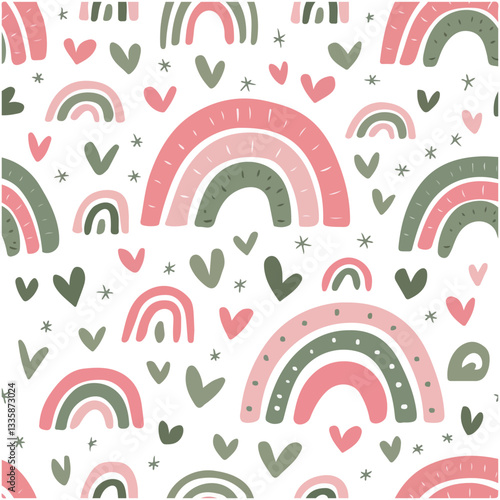 Seamless Pattern with Cute Rainbows, Stars, and Hearts